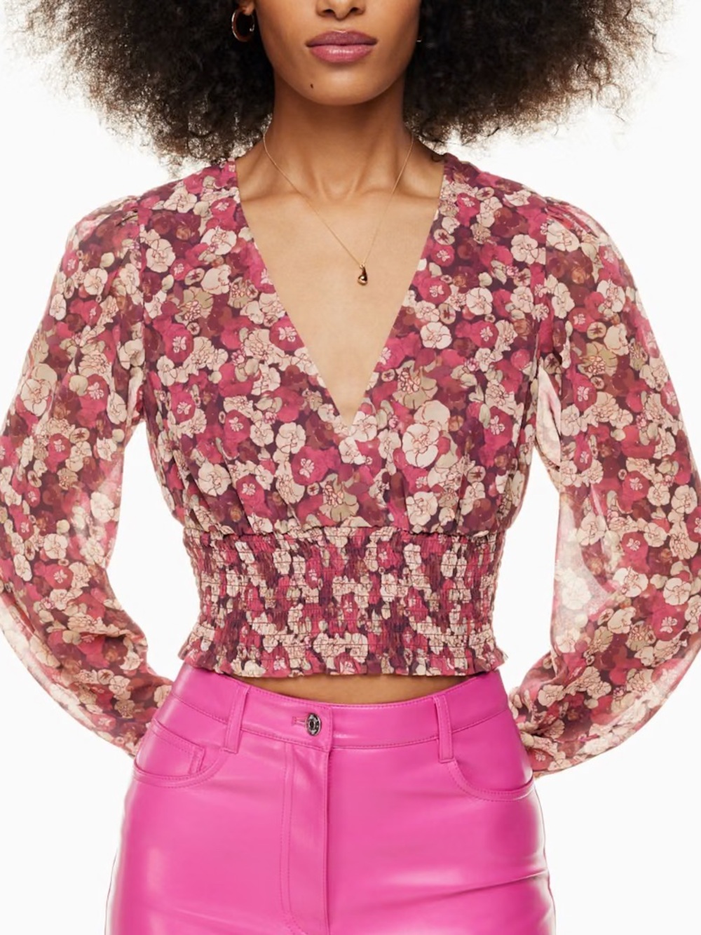 NWT Aritzia Wilfred Wistful Spiced Burgundy Floral V-Neck Crop Blouse Top Small